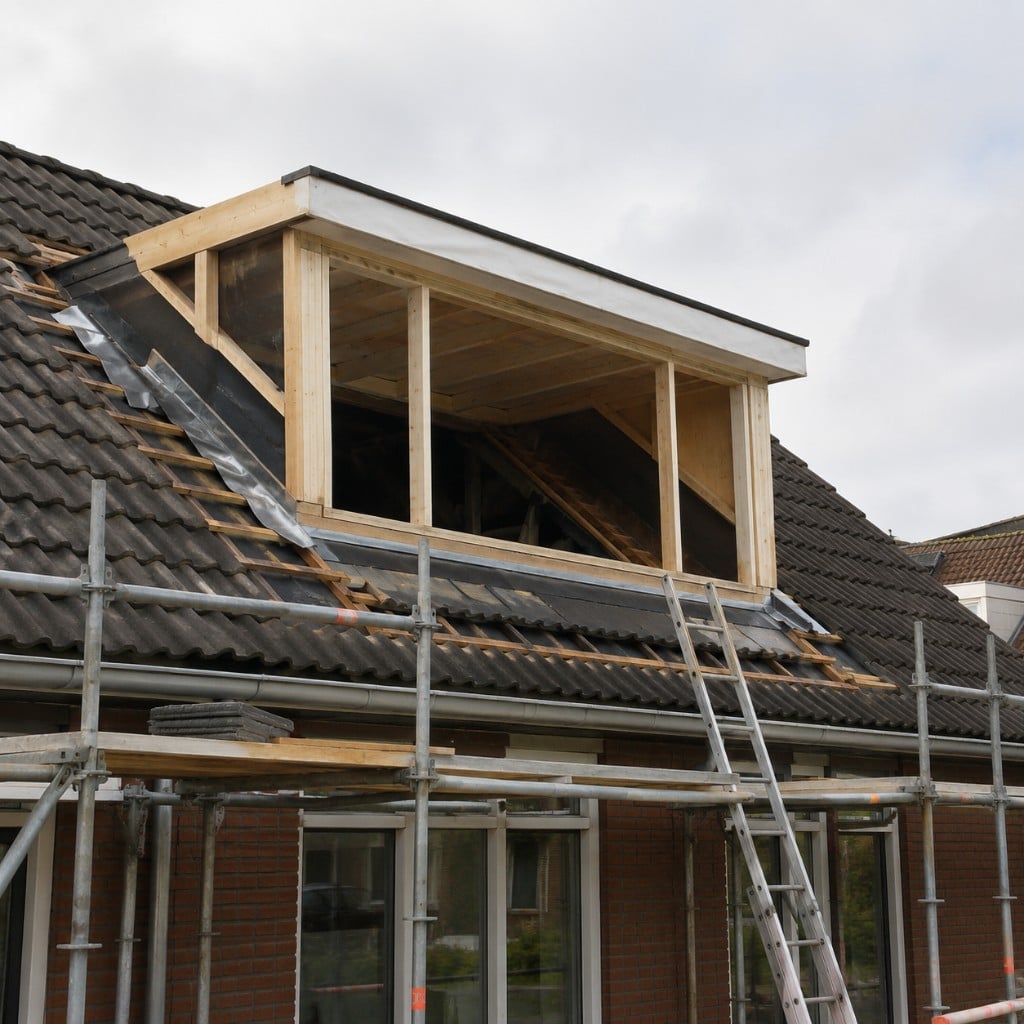 Dakkapel in aanbouw als visueel voorbeeld van de plaatsing