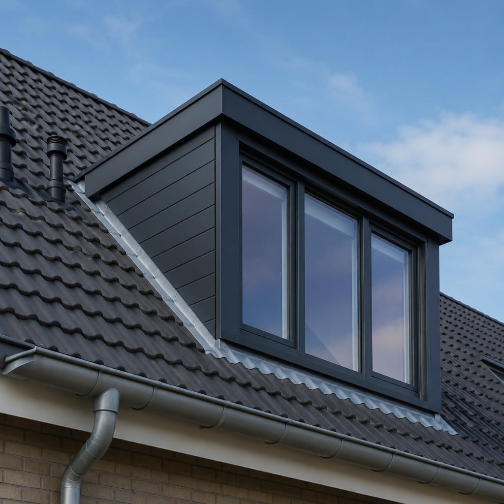 Antraciet kunststof dakkapel op een woning in Breda