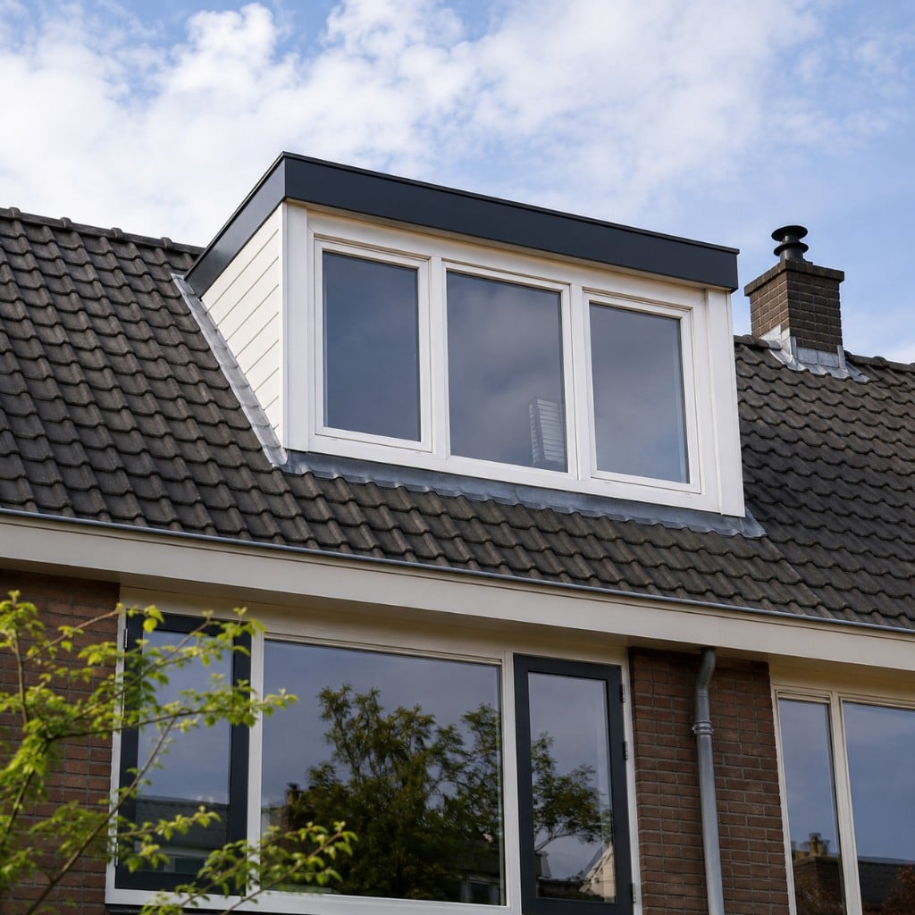 Platte witte kunststof dakkapel op een rijwoning in Utrecht
